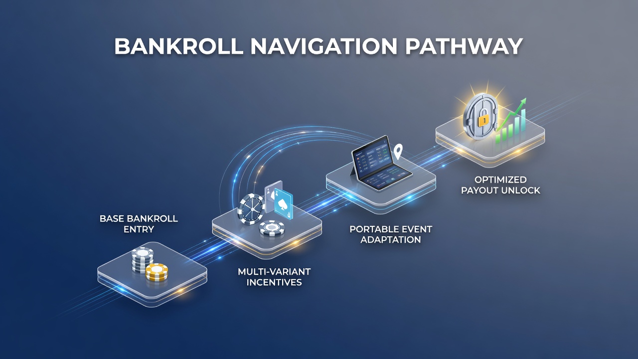 Illustration von gestaffelten Incentive-Systemen und Bankroll-Navigation in mobilen Poker-Apps mit Fokus auf Variantenwechsel