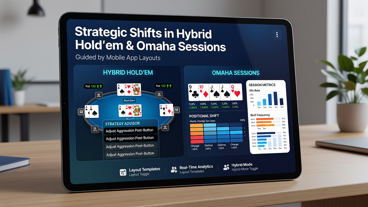 Detailansicht eines App-Layouts mit separaten Bereichen für Hold'em- und Omaha-Handbewertung während einer hybriden Session
