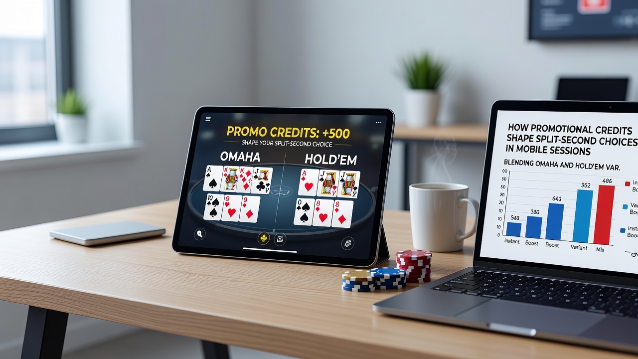 Detailansicht einer mobilen Oberfläche mit Omaha und Hold'em Optionen sowie Guthabenanzeige