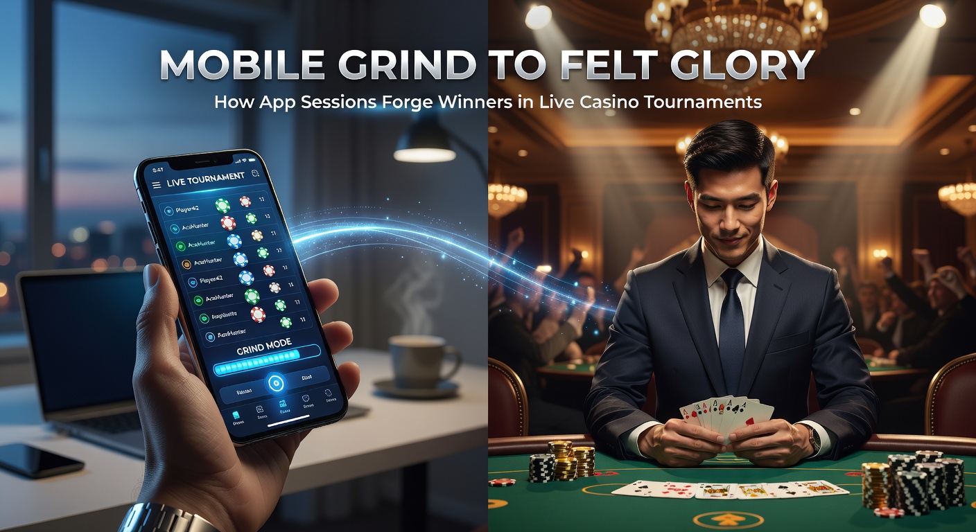 Live-Casino-Turnier mit Spielern an Filztischen, Smartphones und App-Screenshots als Overlay