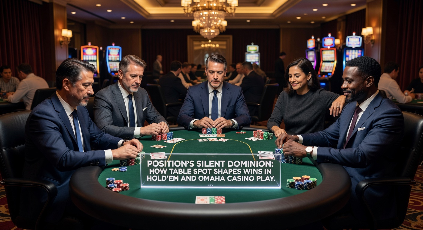 Nahaufnahme eines Poker-Tisches mit Fokus auf Button-Position und Chip-Stacks, die Wachstum symbolisieren
