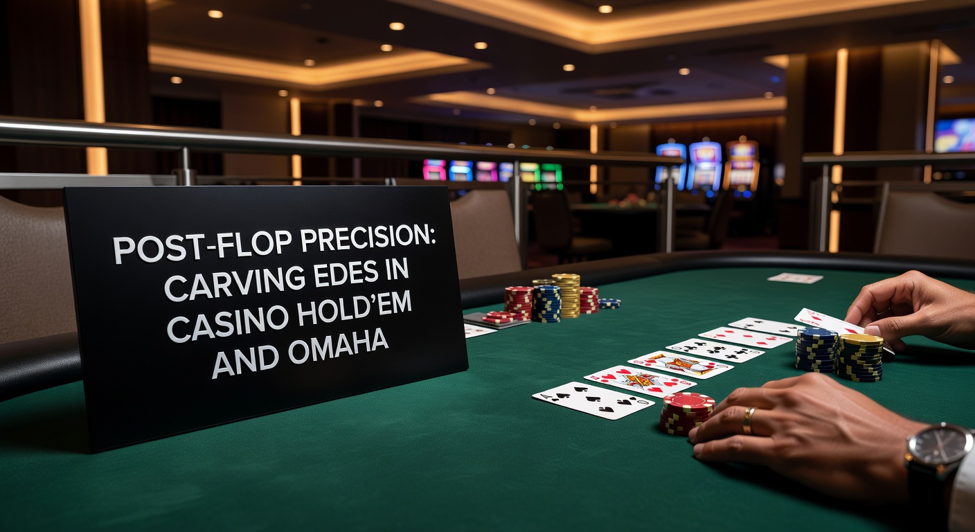 Detaillierte Post-Flop-Analyse in einem Omaha-Spiel mit Chips-Stacks und Community Cards auf dem Tisch