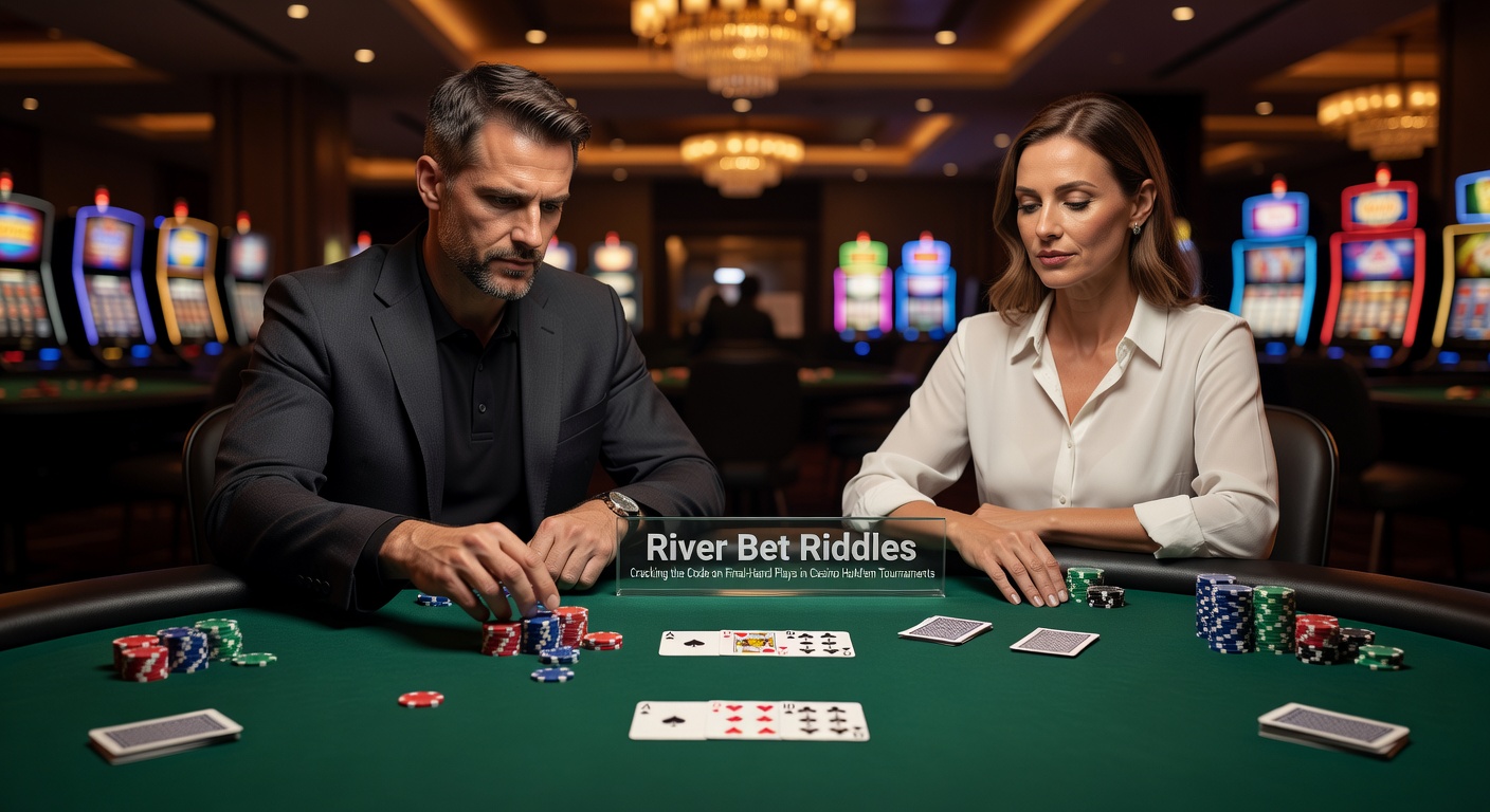 Nahaufnahme eines River Bets in Casino Hold'em, mit Spielerchips, Karten und Turniertafel im Hintergrund