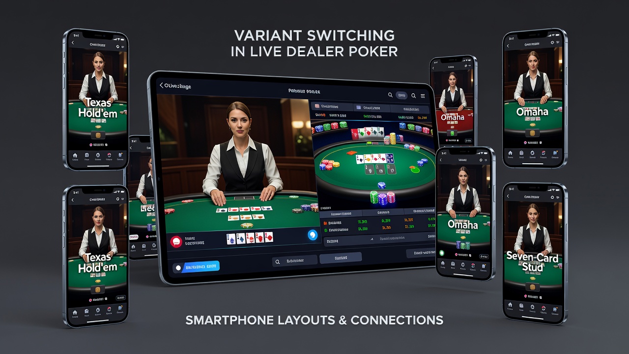 Detailansicht eines mobilen Poker-Interfaces mit Varianten-Umschaltern
