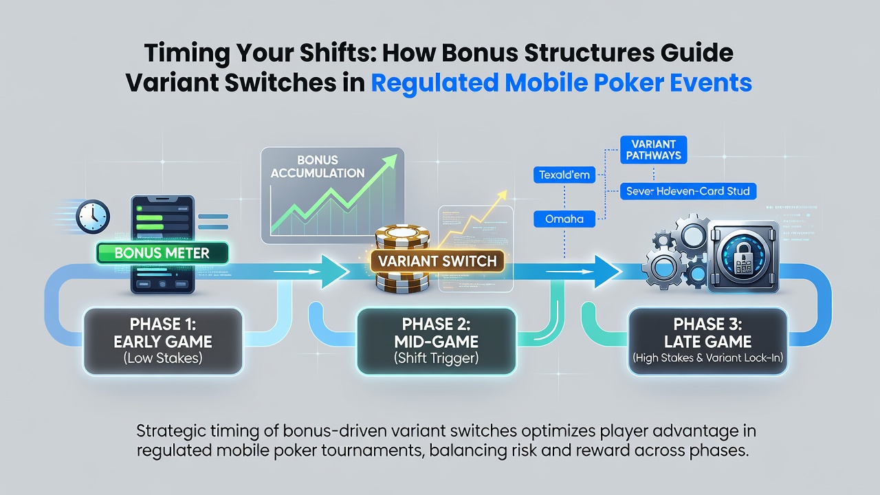 Darstellung eines mobilen Poker-Dashboards mit Echtzeit-Bonusanzeige und Variantenwechsel-Optionen